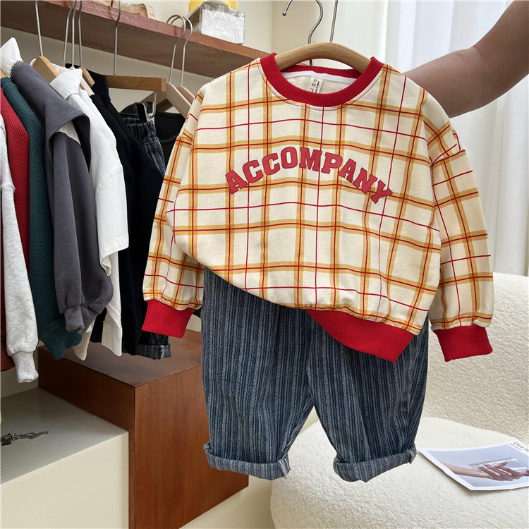 Felpa con cappuccio a quadri stampata per bambini 2024, un nuovo prodotto autunnale dalla Corea del Sud, con scollo rotondo dai colori vivaci_voghion.com