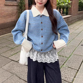 翻领条纹新款针织开衫秋冬复古撞色毛衣宽松上衣慵懒风长袖女外套