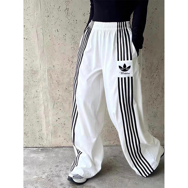 Summer Clover Stripe Wide-Leg Casual Pants for Women, Loose Black and White Patchwork Trendy Sweatpants Versatile Sports Long Pants