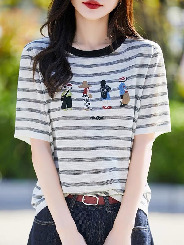 夏用 リヨセルテンセルニット半袖レディースラウンドネックストライプ刺繍五分袖ゆったり半袖Tシャツインナー|undefined