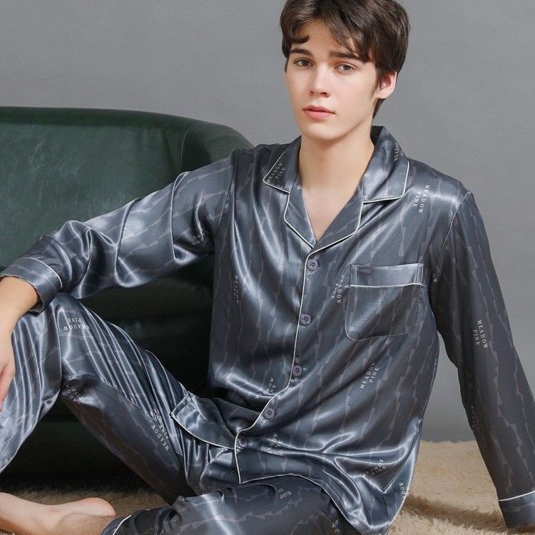 2025 Summer Men's Silk Pajamas New Long Sleeve Thin Mulberry Silk Home Clothes Dad Silk Suit Large Size