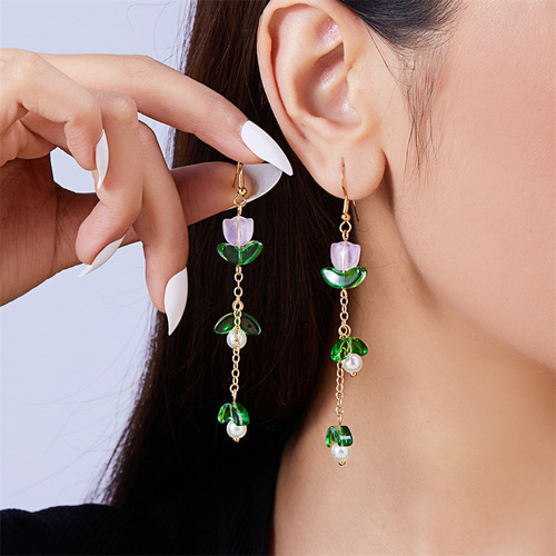 Cross-border best-selling tulip earrings, fresh and stylish tulip tassel earrings for women, long flower earrings