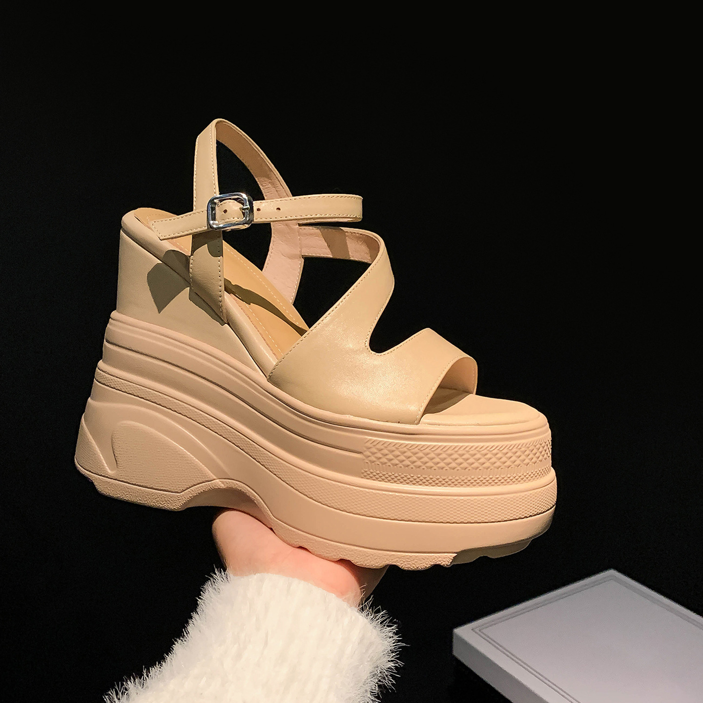 Sandal cao gót nữ hở mũi đế xuồng platform da bò thật, gót 12 cm, phong cách La Mã — màu đen, màu trắng, màu mơ