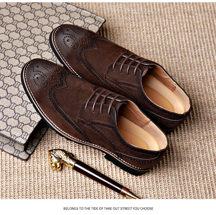 Giày Brogue nam da lộn phong cách Anh, giày lười mũi nhọn đế cao su, phối chỉ khâu — 858 kaki, 858 màu nâu sẫm, 858 đen chi tiết 12