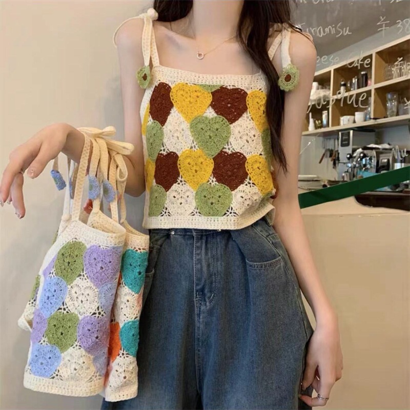 Crochet Hollow-Out Color-Block Fringe Knit Vest for Women, New Summer Style, Slim Fit, Short Outerwear Camisole Top Crochet Hollow-Out Color-Block Fringe Knit Vest for Women, New Summer Style, Slim Fit, Short Outerwear Camisole Top