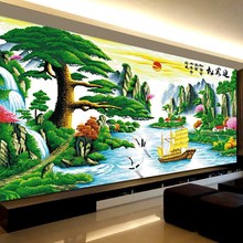 ll十字绣成品纯手工迎客松财运版流水生财客厅2米山水风景带框出