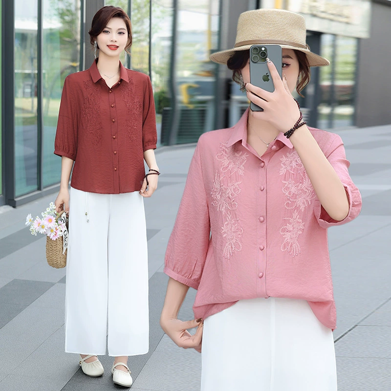 2025 новая летняя модная рубашка для мам с короткими рукавами, уменьшающая возраст, закрывающая живот, свободный топ с вышивкой, взрыв на День матери