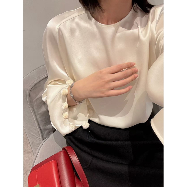 1961 Autumn New Double Weave Structure Minimalist Style Shirt Full Acetate Top Women's Long Sleeve Round Neck Jacket