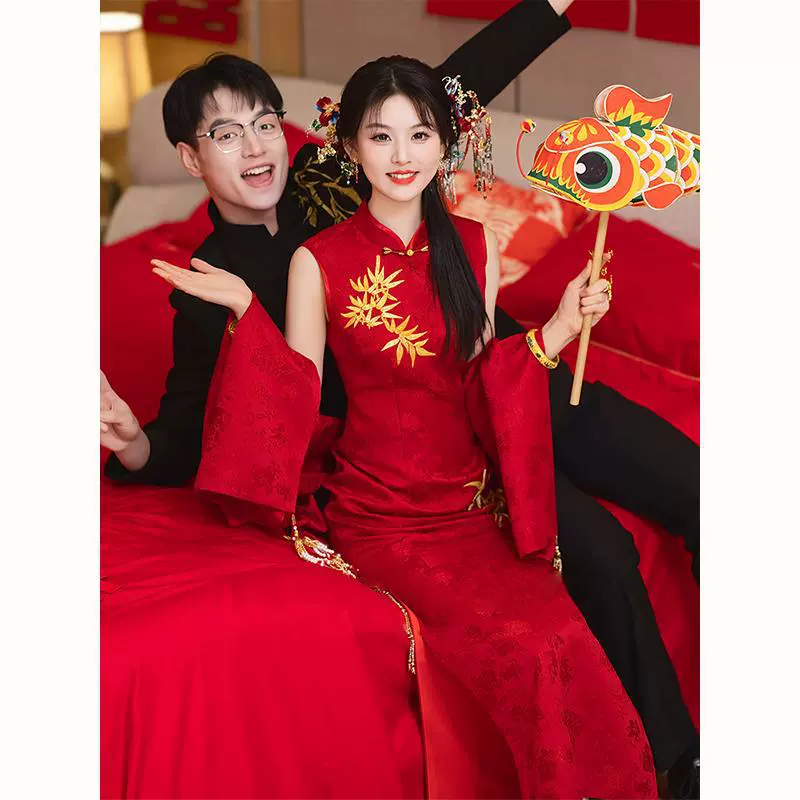 新中式敬酒服新娘2025新款结婚晨袍女订婚旗袍回门出阁宴披肩套装
