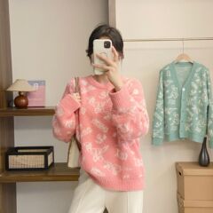 慵懒风森系雪花外穿套头毛衣秋冬圆领宽松加厚日系甜美胖mm毛衣