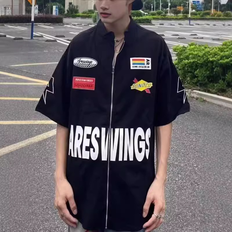 American Style Street Style Hip-Hop Racing Short-Sleeved Shirt Loose Trendy Brand Motorcycle Design Sense Niche Tooling Shirt for Men and Women