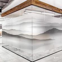 盛邦荣新中式中国风艺术山水画办公室创意静电贴纸磨砂玻璃贴膜定