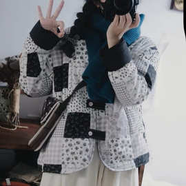 2025冬季新款文艺印花夹棉圆领外套女宽松大码碎花拼接棉衣棉服