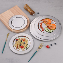 不锈钢平镜盘圆形创意果盘大号圆盘加厚镜面盘自助餐托盘餐厅用品