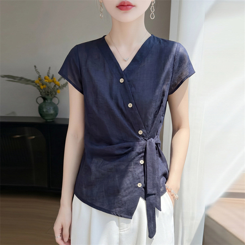 Unique Designer V-Neck Tie Short-Sleeve Shirt for Women, Summer Asymmetrical Waist-Cinching, Figure-Flattering, Versatile, High-End T-Shirt