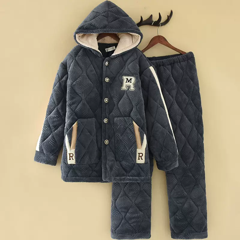 连帽睡衣男士秋冬季加厚加绒三层法兰绒夹棉保暖珊瑚绒家居服套装