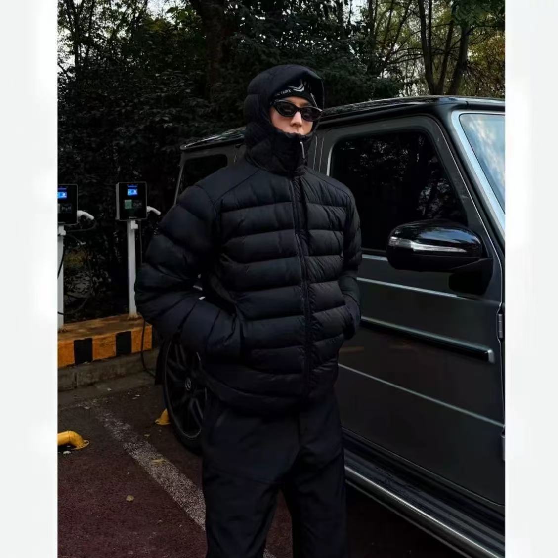 Black American Hooded Rib down Jacket Men's Winter Short Lightweight Cleanfit Outdoor Warm Sports Jacket