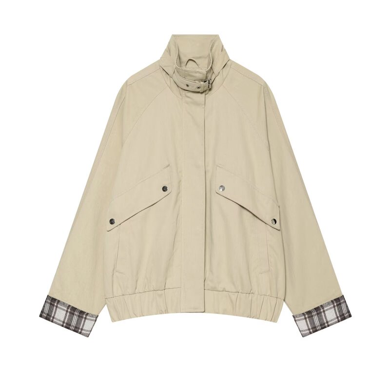 Pb&Za Foreign Trade Women's Loose-Fitting Stand-Up Collar Long-Sleeved Elastic Hem Bomber Jacket 6318042