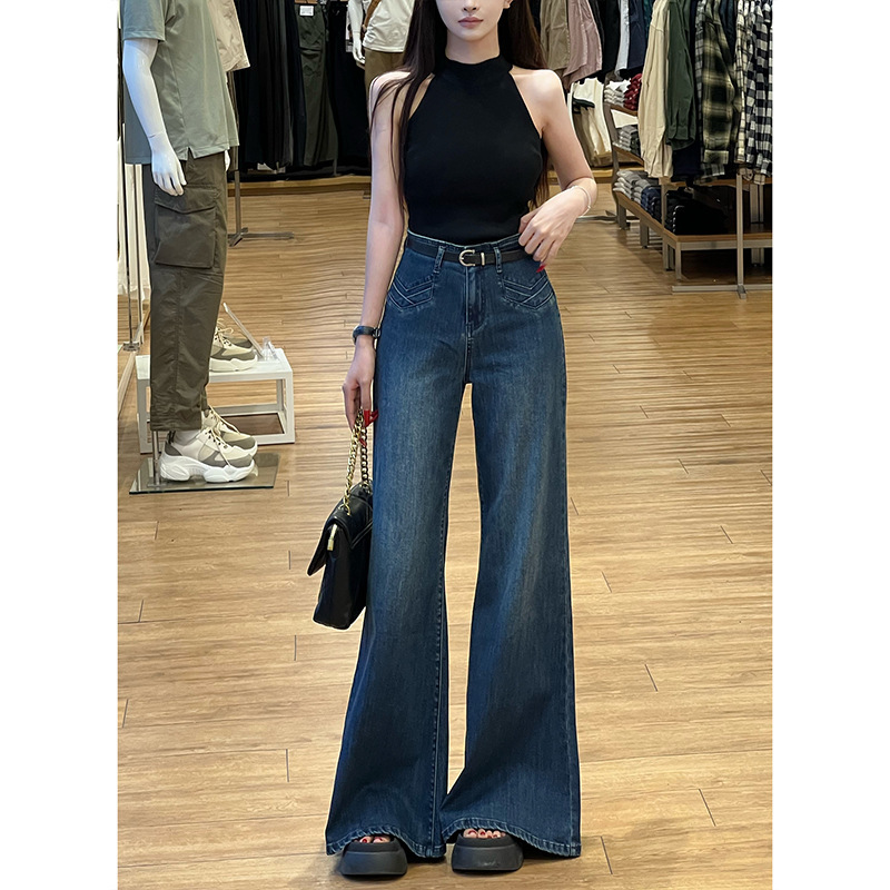 复古色阔腿牛仔裤女2025秋新高腰弹力宽松垂感小个子喇叭拖地长裤|undefined