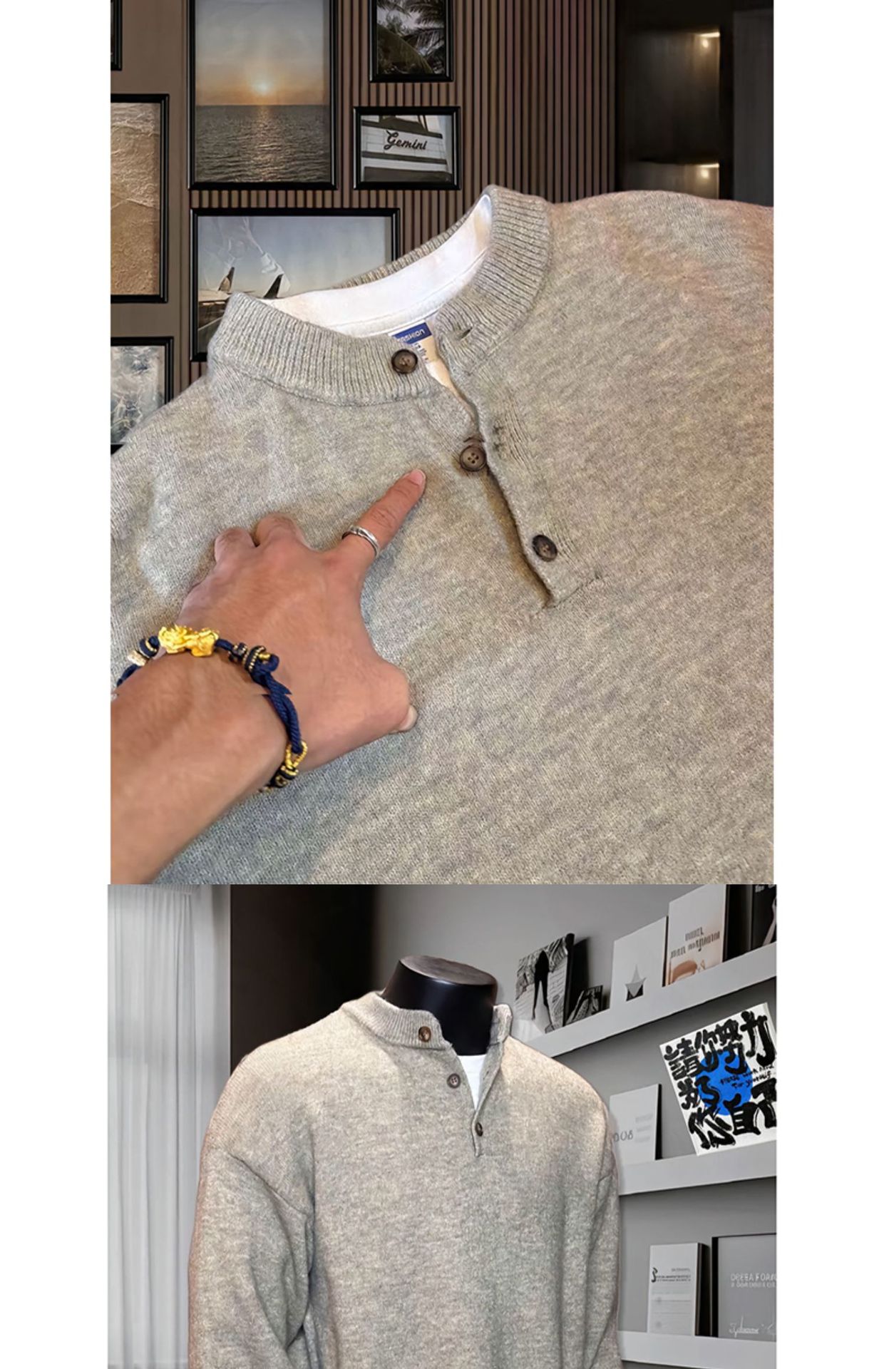 Pull rétro américain à col Henry pour homme et femme, idéal pour l'automne et l'hiver. Style décontracté et haut de gamme, avec un bas en maille tendance._voghion.com