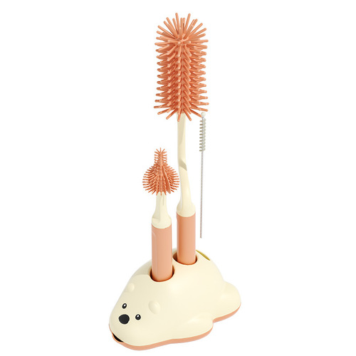 Infant Silicone Bottle Brush Cup Brush 360-degree Rotating Long Handle Straw Nipple Brush with Base Silicone Brush Cover