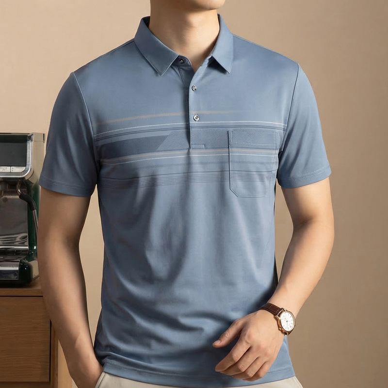Men's Ice Silk Seamless Short-Sleeve T-Shirt 2025 Summer New Style Dad's Summer Outfit with Collar and Pocket Half-Sleeve Polo Shirt