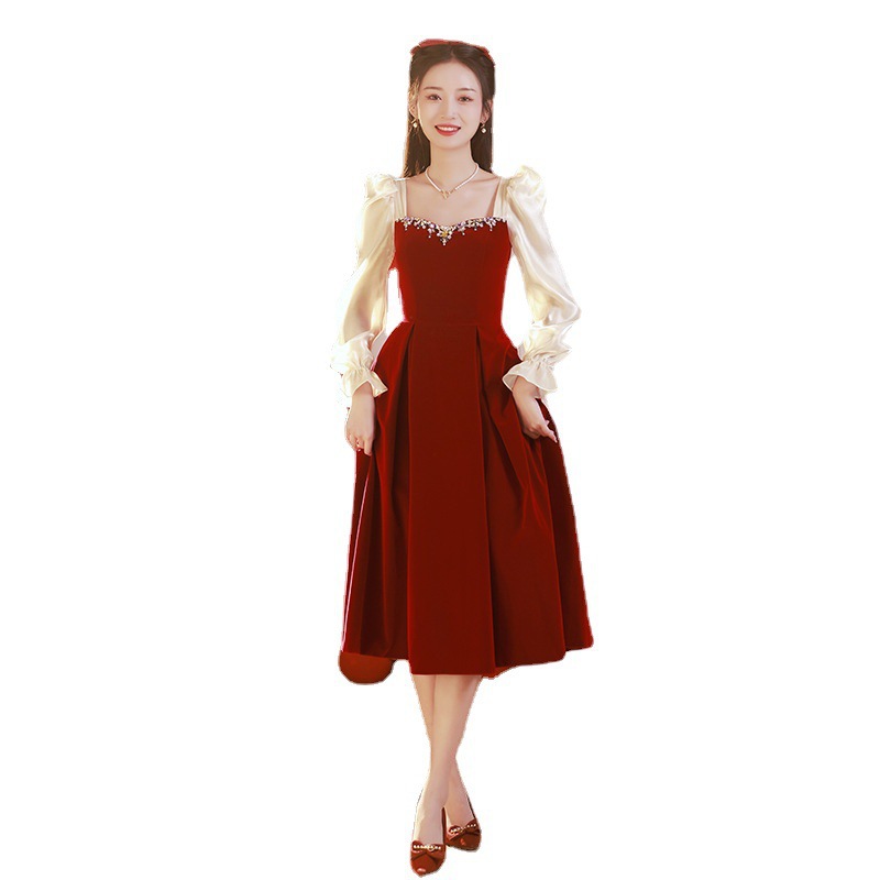 Vestido de novia estilo 2026 en color rojo vino, adecuado para uso diario, con mangas transparentes, vestido de compromiso y vestido de gala para banquete de bodas.
