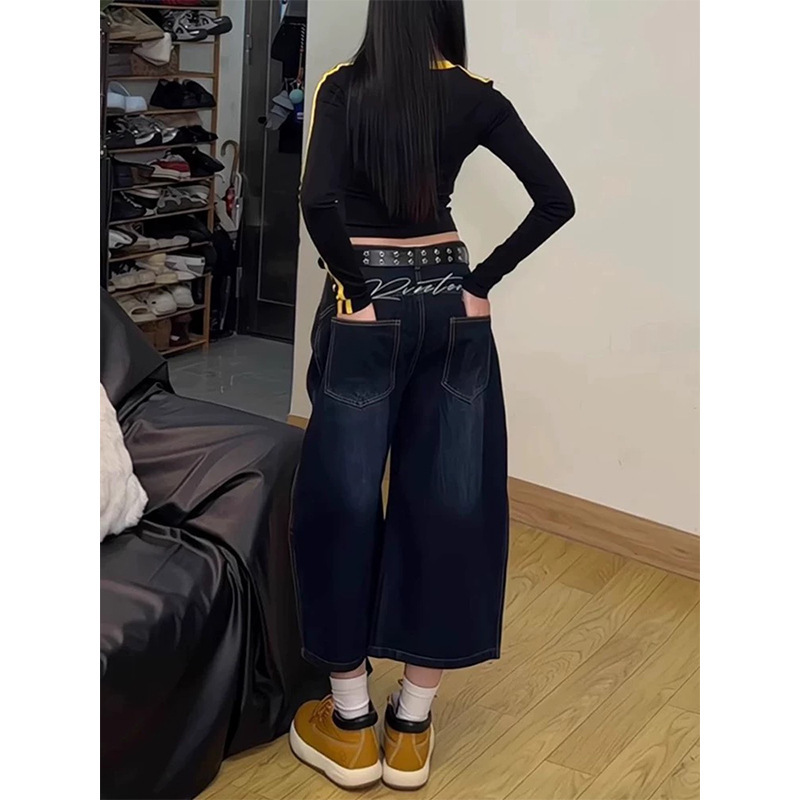 Embroidered Patchwork Scimitar Jeans for Women 2025 Summer New American Style Plus Size Wide-Leg Cropped Pants