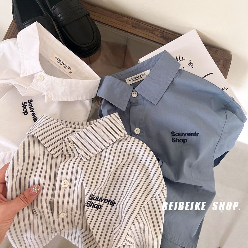 Boys' striped long-sleeved shirt, 2026 new spring style, white shirt, baby top, trendy and handsome.