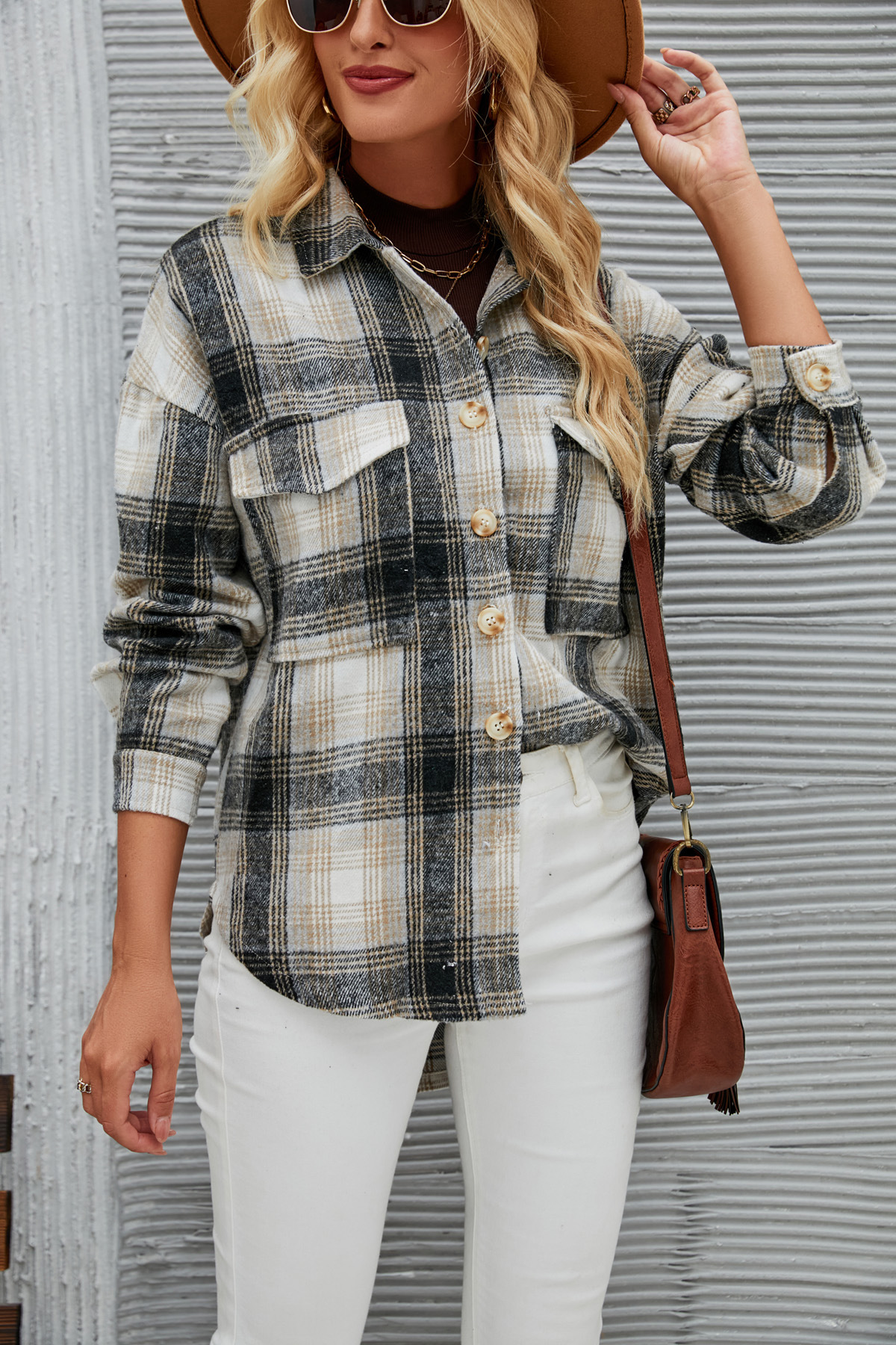 Womens Plaid Woolen Blouse Long Sleeve Loose Winter Jacket For Women_voghion.com