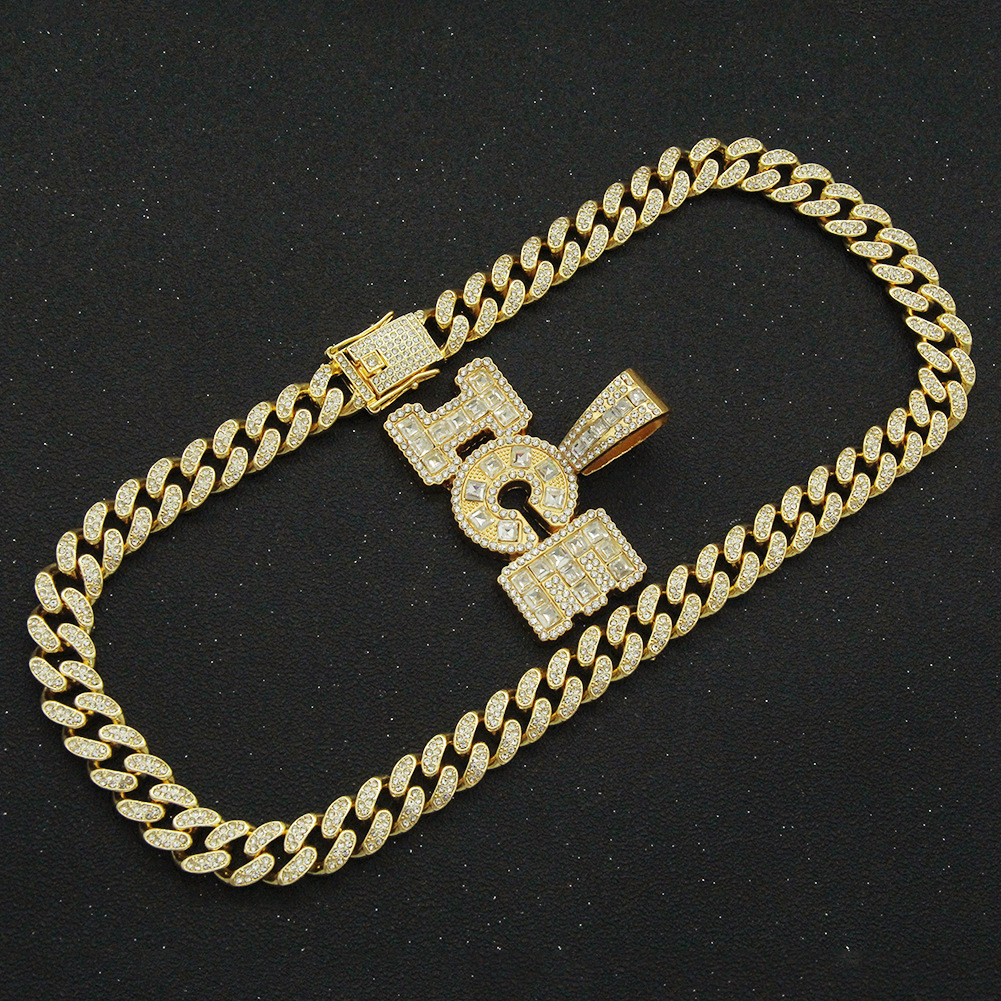 Fashion hip-hop stitching square diamond letter alloy necklace wholesale