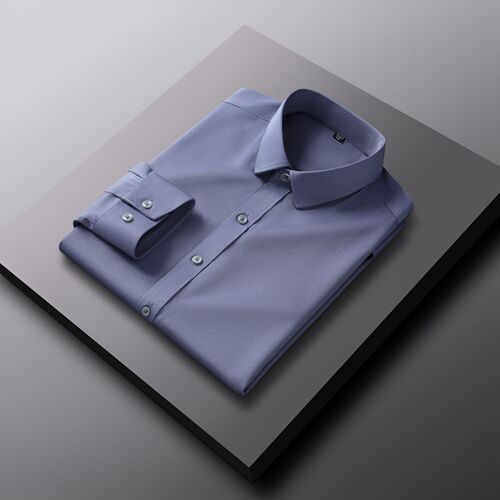 Men's Pure Color Four-Way Stretch Iron-Free Tailored Long-Sleeve Shirt without Pockets for Spring and Autumn