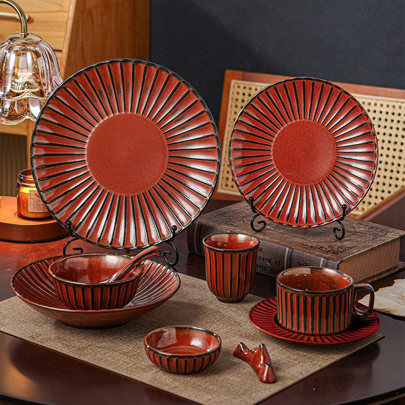 New Kiln-Turned-Red Tableware Series Underglaze Color Technology High-End Simple Dish Plate Fruit Plate Bowl Spoon Cup Plate Set