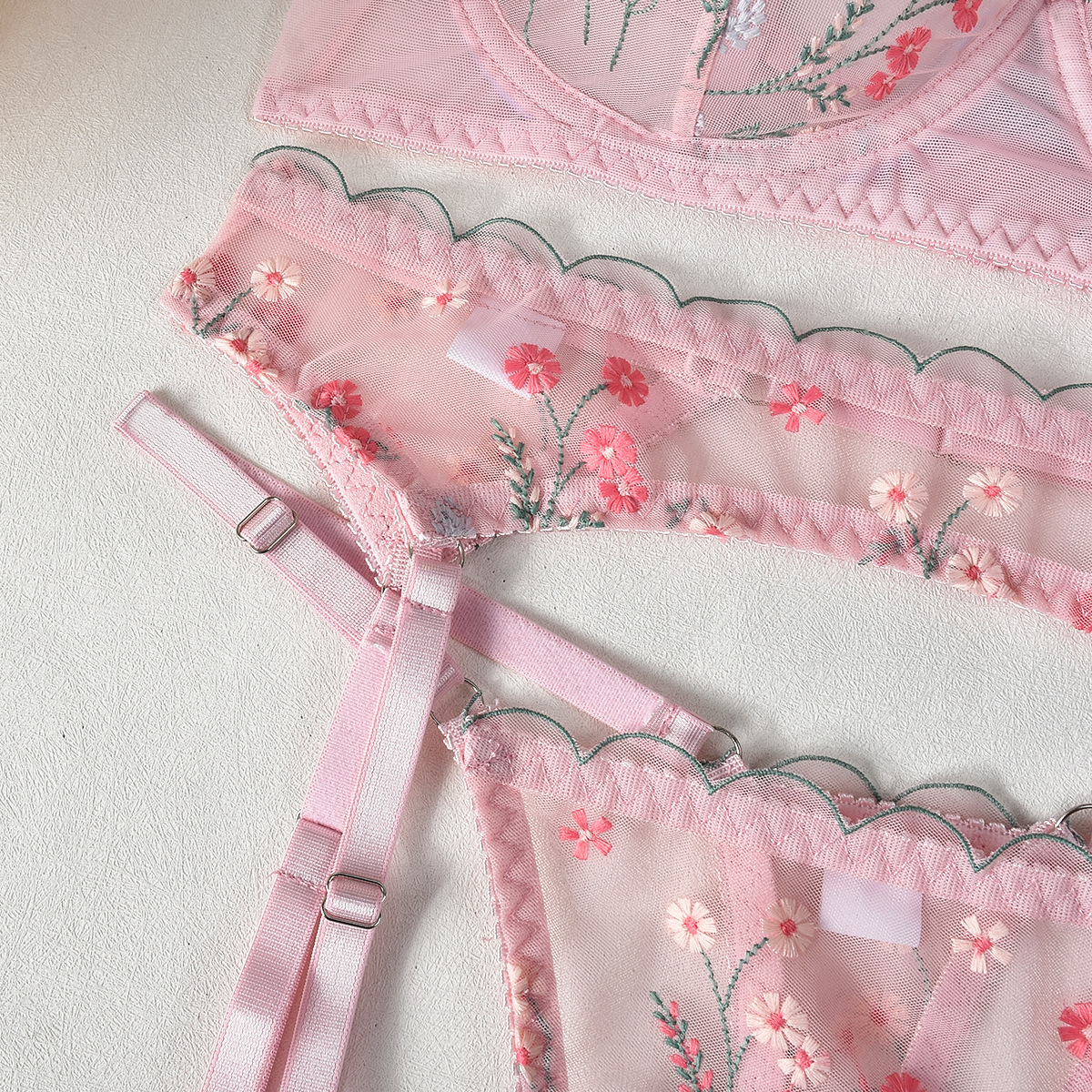 73g Weight Sleeveless Sleeve Length Sexy Lingerie Lingerie Type Mesh Yarn Fabric Type Sexy Lingerie Sets Sets Type 4 Pieces Set Quantity Home, Sleeping Occasion Strap Neckline Flower Pattern All Seasons Season Women's Gender Embroidery Design Sexy Style Women's Sexy Flower Sexy Lingerie Sets Home Sleeping Embroidery Sexy Lingerie 10