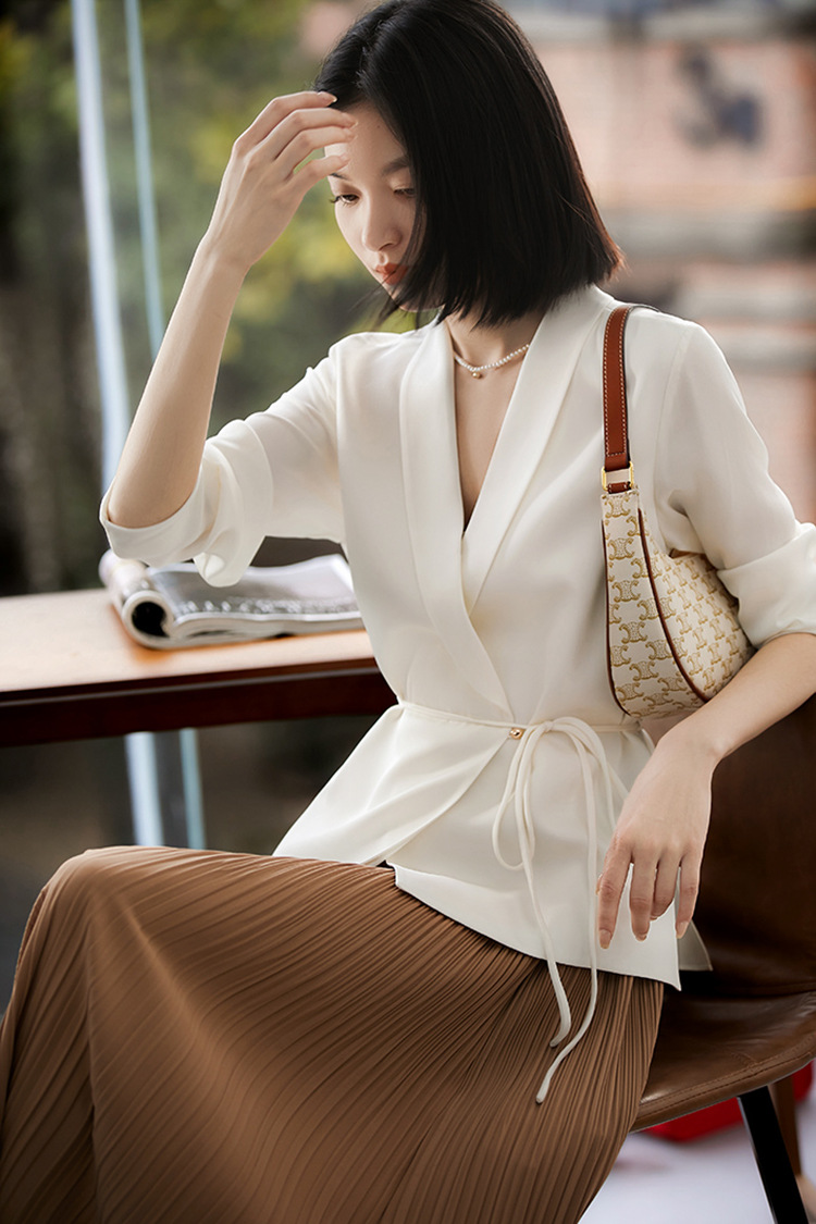 Áo sơ mi blazer satin Pháp dáng rộng tay dài đa năng — đen chi tiết 6