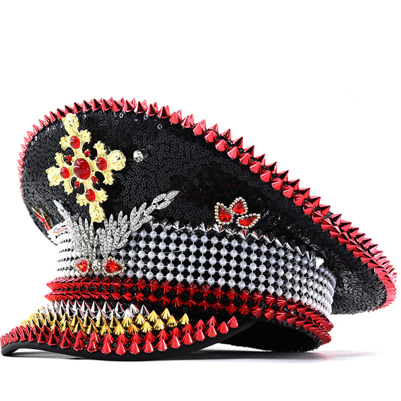 Sombrero azul marino con incrustaciones de diamantes, boina estilo punk, sombrero y2k, sombrero de marinero para mujer con ambiente otoñal e invernal, sombrero dorado para clima frío