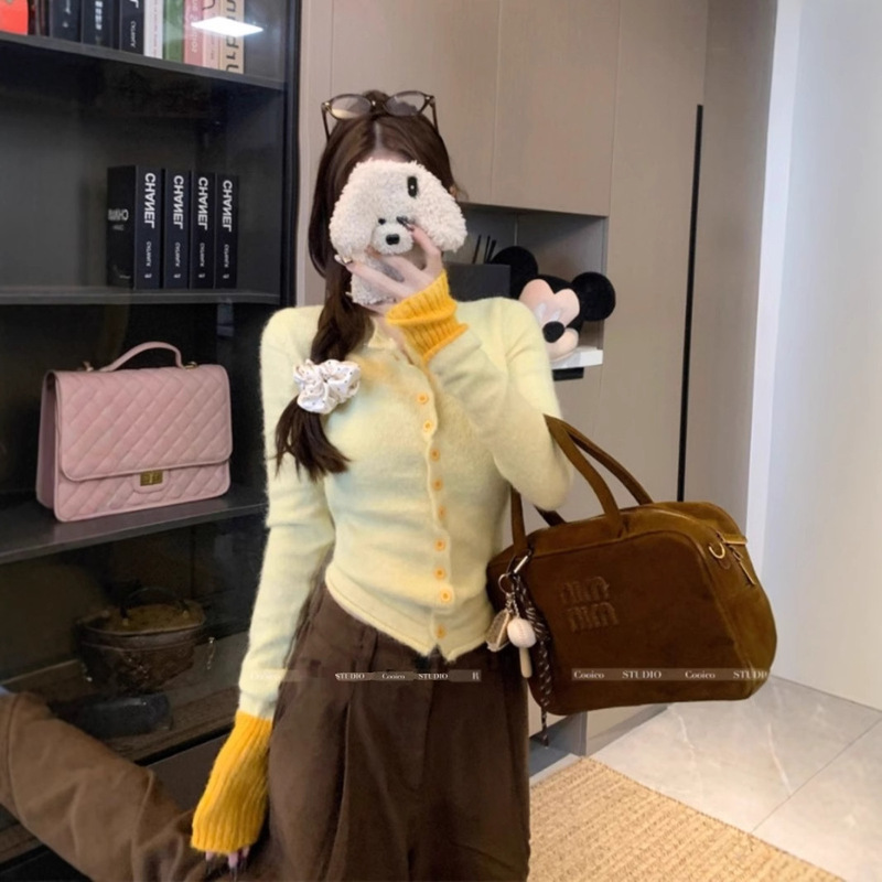 Forever21 Soft and Chic Goose Yellow Splicing Knitted Cardigan for Women in Autumn Lazy Long-Sleeved Inner Slim Fit Top