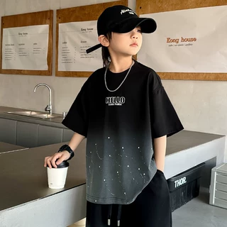 2025夏季儿童潮范渐变色字母宽松休闲套装中大男童短袖短裤两件套