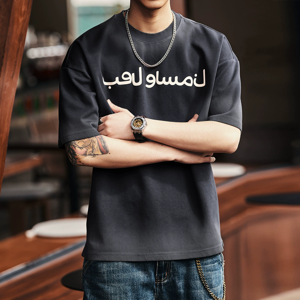 Summer red short sleeve T-shirt for leisure, American style, oversize