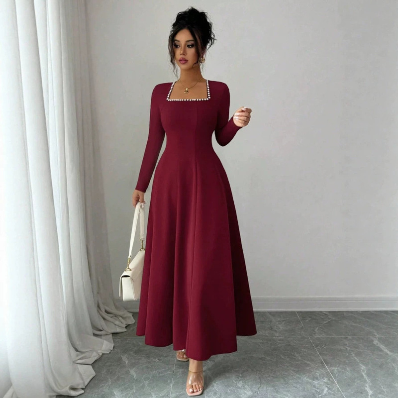 2026 Cross-Border Bestseller: Wine Red Pearl Square Neck Long Sleeve Long Dress, Waist-Cinching, Flattering, Elegant Party Dress