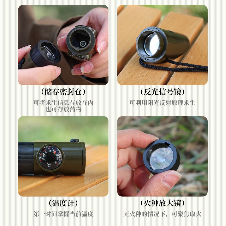 Al Aire Libre 7-en-1 silbato multifuncional silbato de supervivencia silbato salvavidas con termómetro de luz LED Brújula 7-en-1