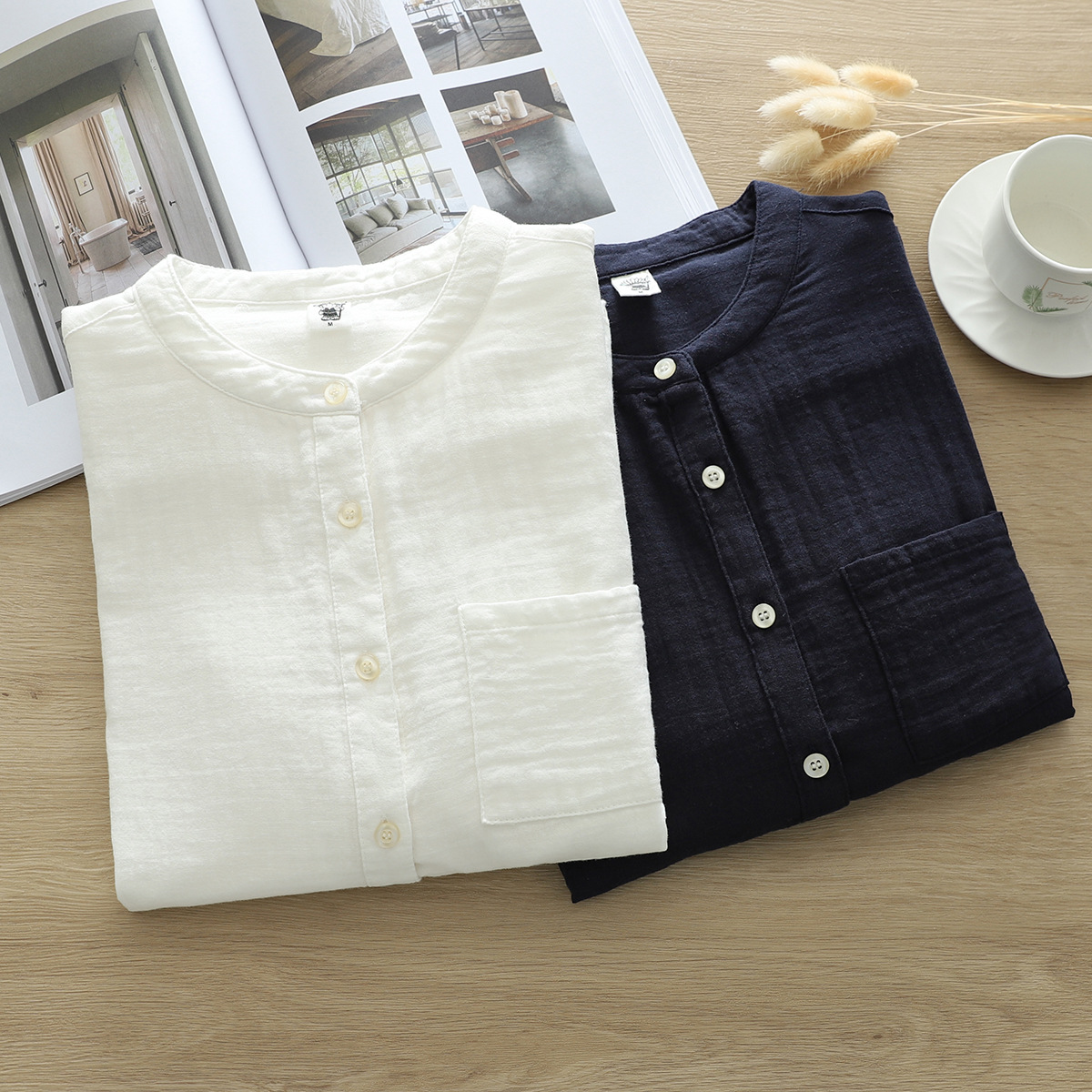 Factory Direct Sales Simple Commuter Stand-Up Collar Pure Cotton Women's Shirt Simple Loose Double-Layer Cotton Yarn Women's Shirt
