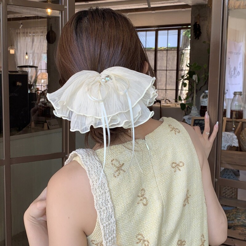 オーガンザ生地プリーツポニーテールヘアピン後頭部リボンスカートヘアピンハイエンドスプリングクリップヘアアクセサリー女性用|undefined