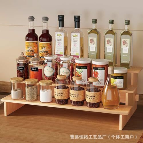 Estante de especias de bambú de tres niveles con botellas de vidrio