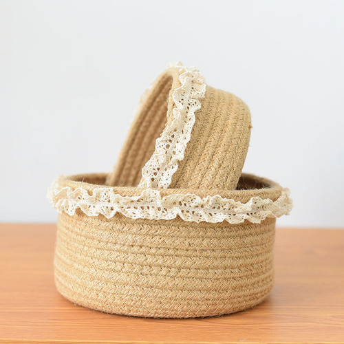 Cotton and Hemp Rope Flower Basket Storage Basket Snack Basket Household Basket Storage Box Handheld Lace Round Cross-border Miscellaneous Basket