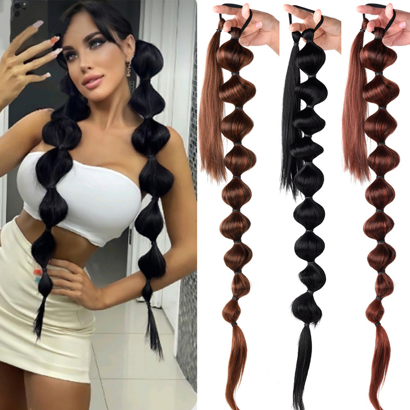 Cross-Border Wig Ponytail Internet Celebrity Long Lantern Bubble Braided Hair Princess Braids Synthetic Hair Bundle Jasmine Double Ponytail