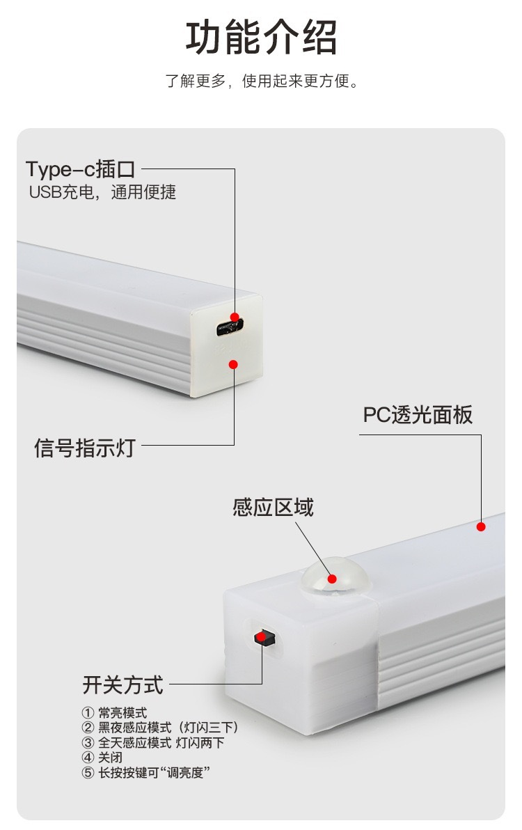 跨境led磁吸感应灯长条无线小夜灯USB充电床头柜灯人体感应衣柜灯