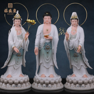 Imitation White Marble Western Three Saints Statues for Home Worship of Guanyin Bodhisattva, Mahasthamaprapta Bodhisattva and Amitabha Buddha Statues