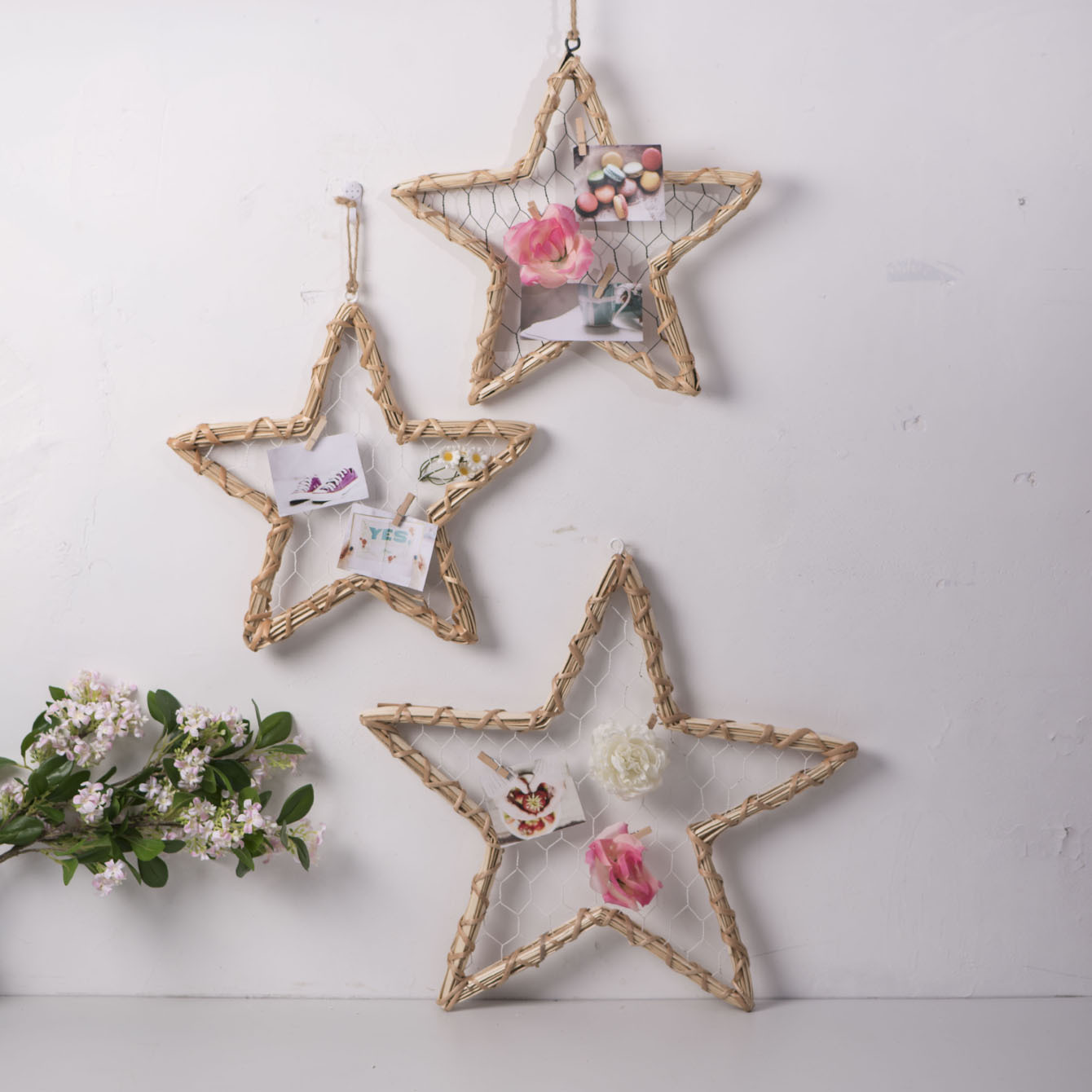 Decoración de pared fotográfica moderna simple hecha a mano en forma de salguejo decoración en forma de estrella marco de fotos de alta sensación de estante de almacenamiento creativo de fotos interiores