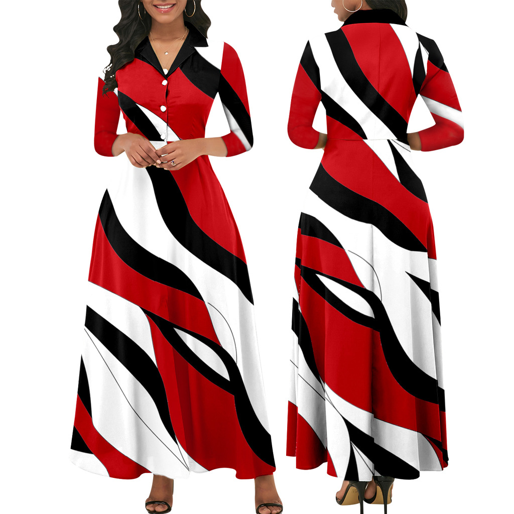 SMR11563 跨境亚马逊新款 欧美性感时尚数码印花圆领中袖女连衣裙
